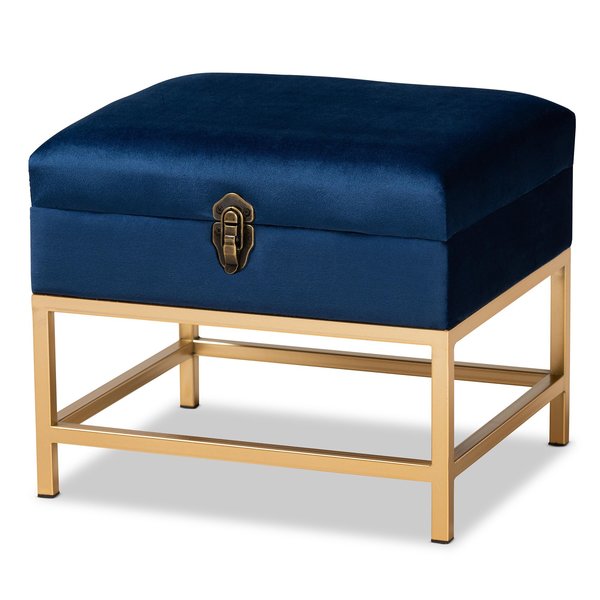Baxton Studio Aliana Glam and Luxe Navy Blue Velvet Fabric and Gold Finished Metal Small Storage Ottoman 182-11565-Zoro